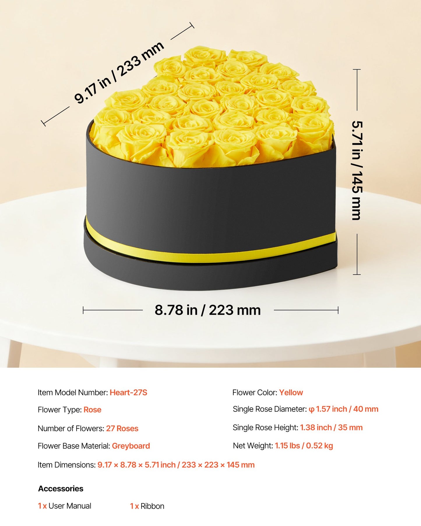 Forever Flowers, 27 Preserved Roses in a Heart Shape Box, Eternal Flowers Immortal Bouquet Birthday Present for Women Her Wife Mothers, Anniversary, Valentine's Day,Christmas, Yellow