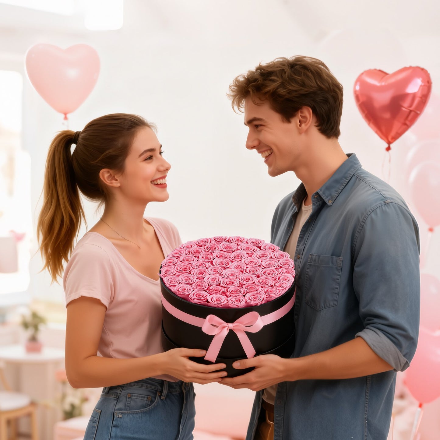 Forever Flowers, 50 Preserved Roses in a Box, Eternal Flowers Immortal Bouquet Birthday Present for Delivery Prime Women Her Wife Mothers, Anniversary, Valentine's Day,Christmas, Sweet Pink