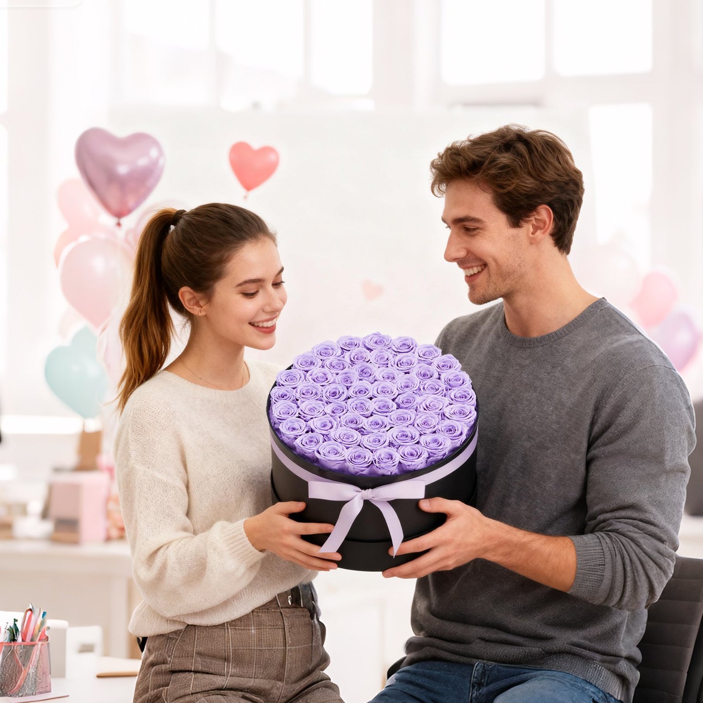 Forever Flowers, 50 Preserved Roses in a Box, Eternal Flowers Immortal Bouquet Birthday Present for Women Her Wife Mothers, Anniversary, Valentine's Day,Christmas, Lavender Purple