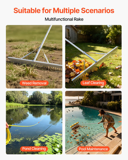 Landscape Rake, 914 mm Wide Head 2590 mm Handle, Large Heavy Duty Aluminum Landscaping Leaf Rake Tool, Asphalt Level for Loosening Soil, Garden & Yard, Pond Gravel & Beach Lawn Care, 15.8m Rope