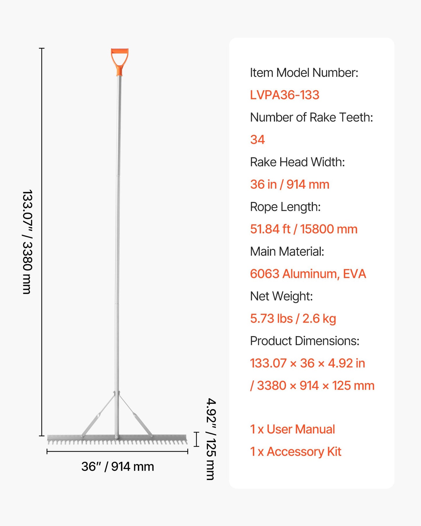 Landscape Rake, 914 mm Wide Head 2590 mm Handle, Large Heavy Duty Aluminum Landscaping Leaf Rake Tool, Asphalt Level for Loosening Soil, Garden & Yard, Pond Gravel & Beach Lawn Care, 15.8m Rope