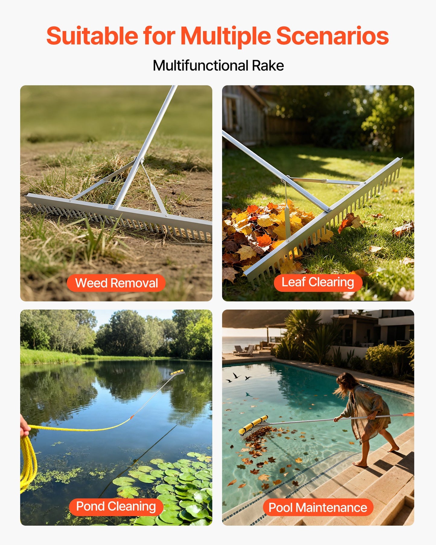 Landscape Rake, 914 mm Wide Head 3380 mm Handle, Large Heavy Duty Aluminum Landscaping Leaf Rake Tool, Asphalt Level for Loosening Soil, Garden & Yard, Pond Gravel & Beach Lawn Care, 15.8m Rope