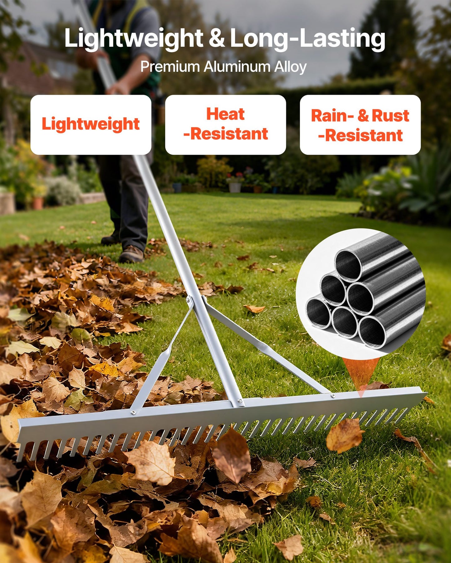 Landscape Rake, 914 mm Wide Head 3380 mm Handle, Large Heavy Duty Aluminum Landscaping Leaf Rake Tool, Asphalt Level for Loosening Soil, Garden & Yard, Pond Gravel & Beach Lawn Care, 15.8m Rope