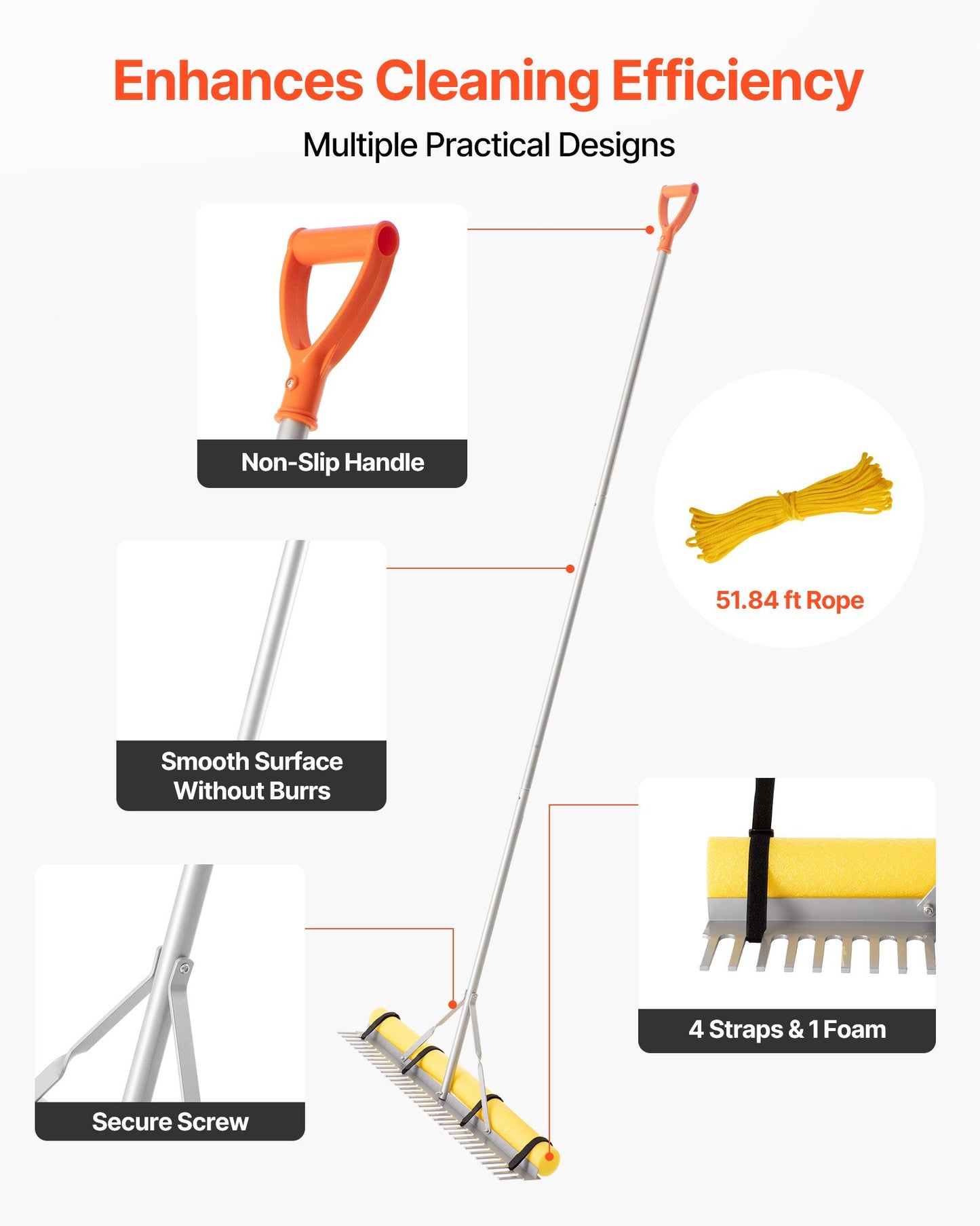 Landscape Rake, 914 mm Wide Head 3380 mm Handle, Large Heavy Duty Aluminum Landscaping Leaf Rake Tool, Asphalt Level for Loosening Soil, Garden & Yard, Pond Gravel & Beach Lawn Care, 15.8m Rope