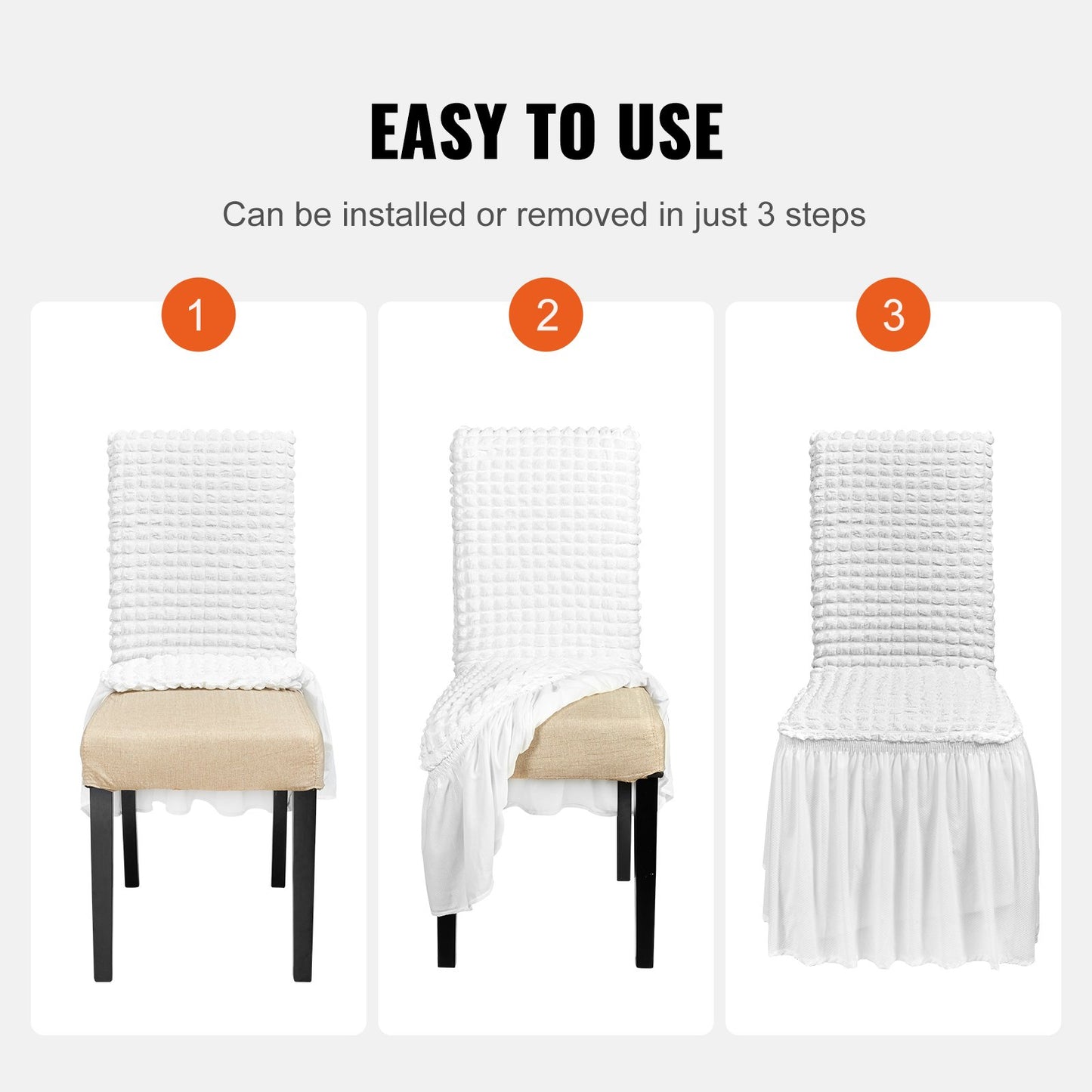 Hopfällbara stolsöverdrag i stretchig spandex, universellt monterat stolsöverdrag med kjol, avtagbara tvättbara skyddande överdrag, för bröllop, högtid, bankett, fest, firande, middag (4 st vita)