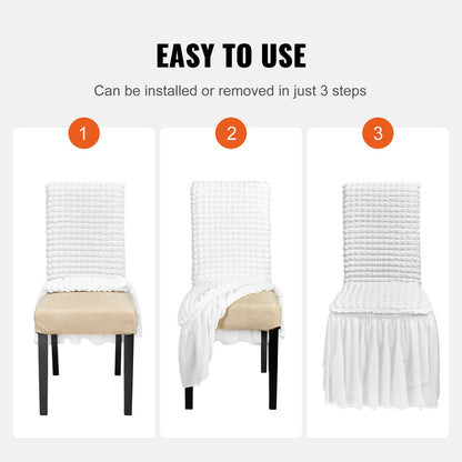 Hopfällbara stolsöverdrag i stretchig spandex, universellt monterat stolsöverdrag med kjol, avtagbara tvättbara skyddande överdrag, för bröllop, högtid, bankett, fest, firande, middag (4 st vita)