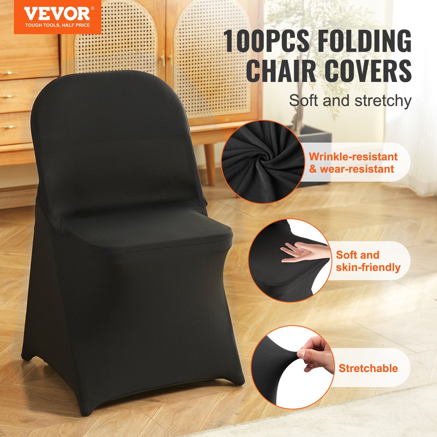 Stretch Spandex Folding Chair Covers, Universal Fitted Chair Cover, Removable Washable Protective Slipcovers, for Wedding, Holiday, Banquet, Party, Celebration, Dining (100PCS Black)