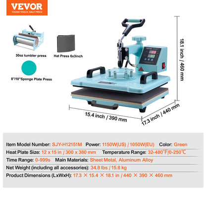 Värmepressmaskin, 30 x 15 tum, 5-i-1 värmeöverföringsmaskin med 940 ml tumlarpress, 360° svängbar T-shirtpressning, digital precisionskontroll, för T-shirts/muggar/hattar/tallrikar, grön