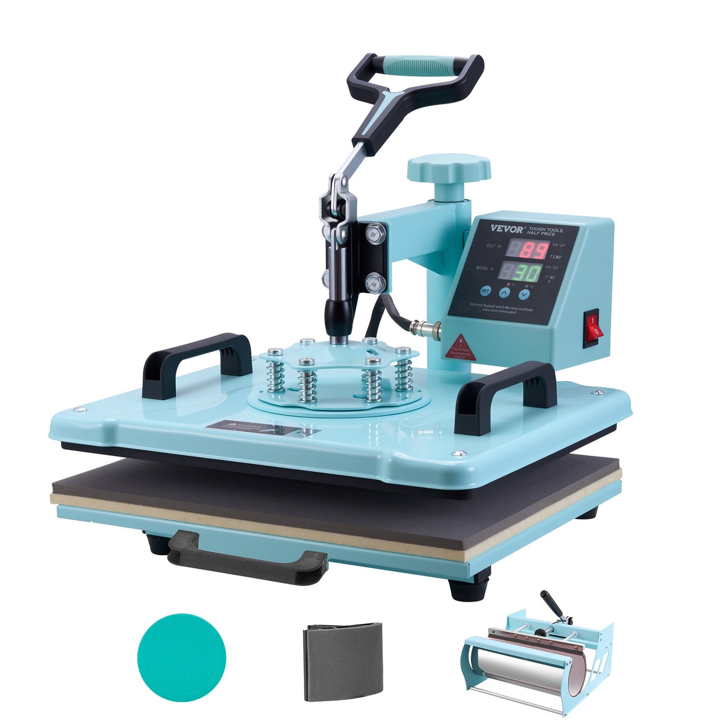 Värmepressmaskin, 30 x 15 tum, 5-i-1 värmeöverföringsmaskin med 940 ml tumlarpress, 360° svängbar T-shirtpressning, digital precisionskontroll, för T-shirts/muggar/hattar/tallrikar, grön