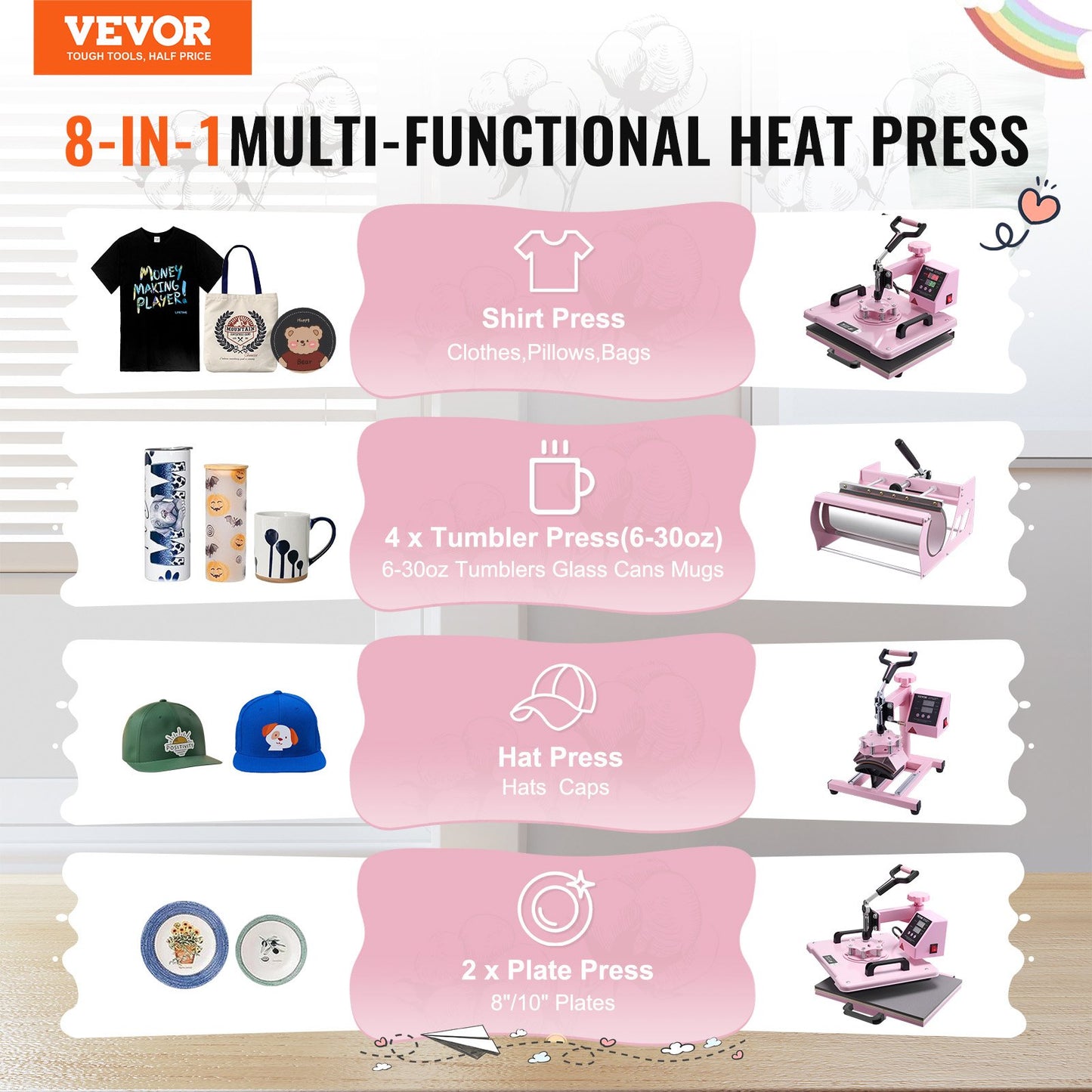 Heat Press Machine 30.5x38.1 cm 8 in 1 with 850.5 g Tumbler Press T-Shirts Pink