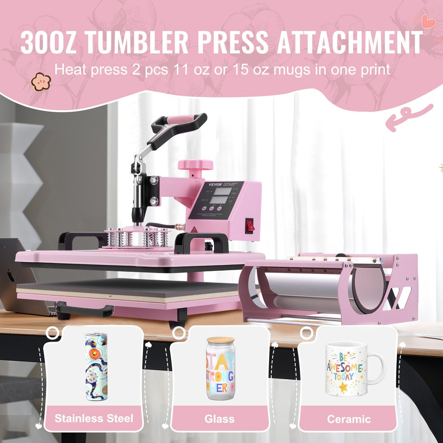 Heat Press Machine 30.5x38.1 cm 8 in 1 with 850.5 g Tumbler Press T-Shirts Pink