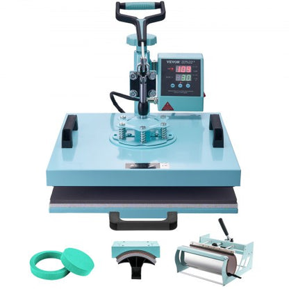 Heat Press Machine, 15 x 15 inch, 5 in 1 Heat Transfer Machine with 30 oz Tumbler Press, 360° Swing Away T-Shirt Pressing, Digital Precise Control, for T-Shirts/Mugs/Hats/Plates, Green
