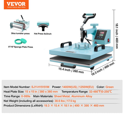 Heat Press Machine, 15 x 15 inch, 5 in 1 Heat Transfer Machine with 30 oz Tumbler Press, 360° Swing Away T-Shirt Pressing, Digital Precise Control, for T-Shirts/Mugs/Hats/Plates, Green