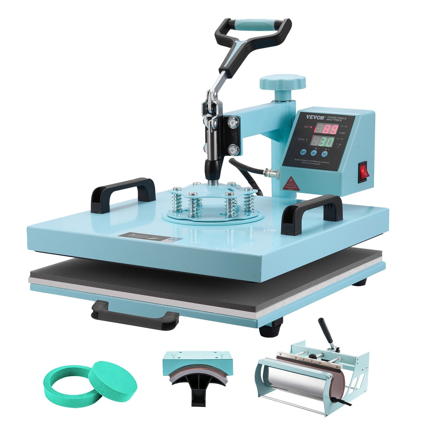 Heat Press Machine, 15 x 15 inch, 5 in 1 Heat Transfer Machine with 30 oz Tumbler Press, 360° Swing Away T-Shirt Pressing, Digital Precise Control, for T-Shirts/Mugs/Hats/Plates, Green