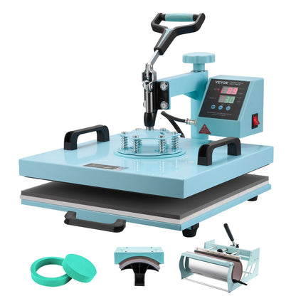 Heat Press Machine, 15 x 15 inch, 5 in 1 Heat Transfer Machine with 30 oz Tumbler Press, 360° Swing Away T-Shirt Pressing, Digital Precise Control, for T-Shirts/Mugs/Hats/Plates, Green