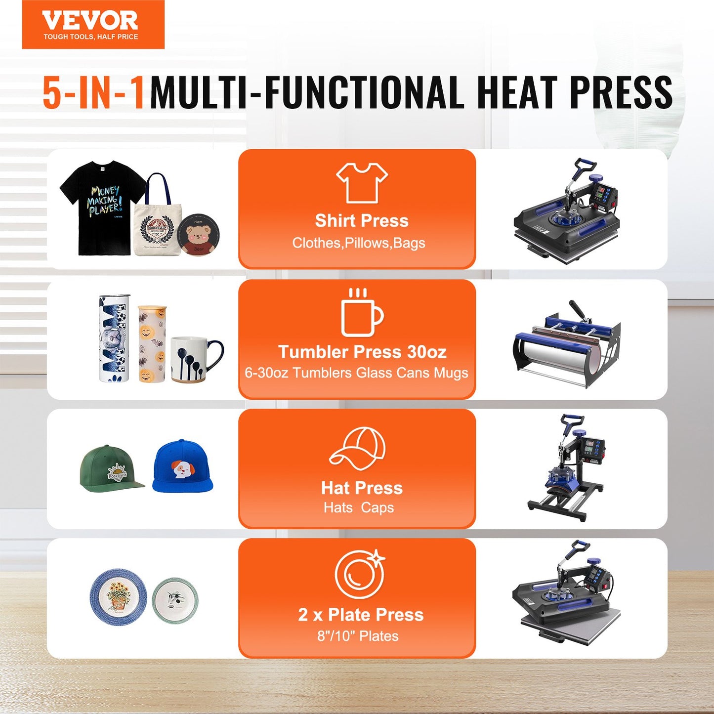 5 in 1 Heat Press Machine 38x38 in 850.5 g Tumbler Press T-Shirts Black+Blue