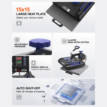 5 in 1 Heat Press Machine 38x38 in 850.5 g Tumbler Press T-Shirts Black+Blue
