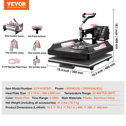 8 i 1 värmepressmaskin 38x38 cm 850,5 g tumlarpress T-shirts svarta