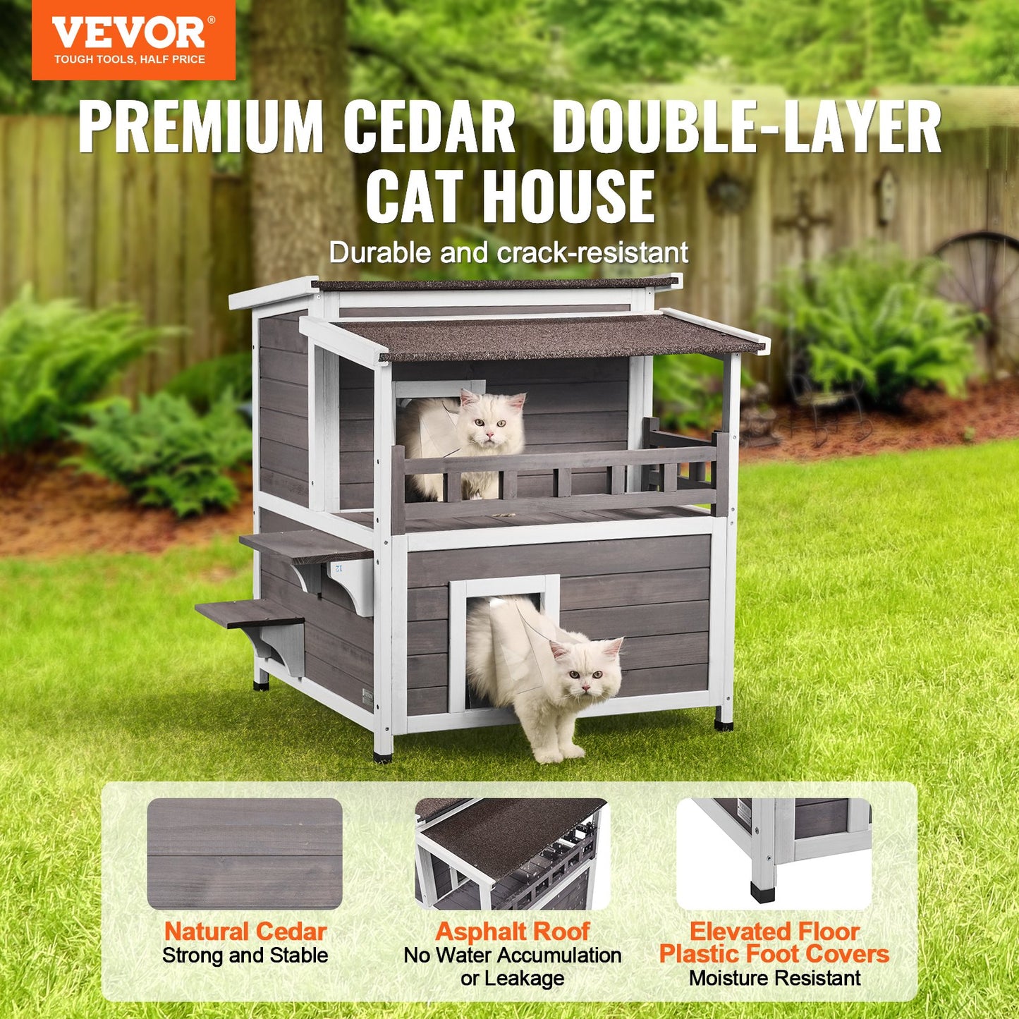Outdoor Cat House Weatherproof, Feral Cat Shelter for Multiple Cats, 2-story Large Outdoor Wooden Cat House with Balcony, Doors, PVC Door Flaps and Open Roof, 30"L x 30"W x 32"H