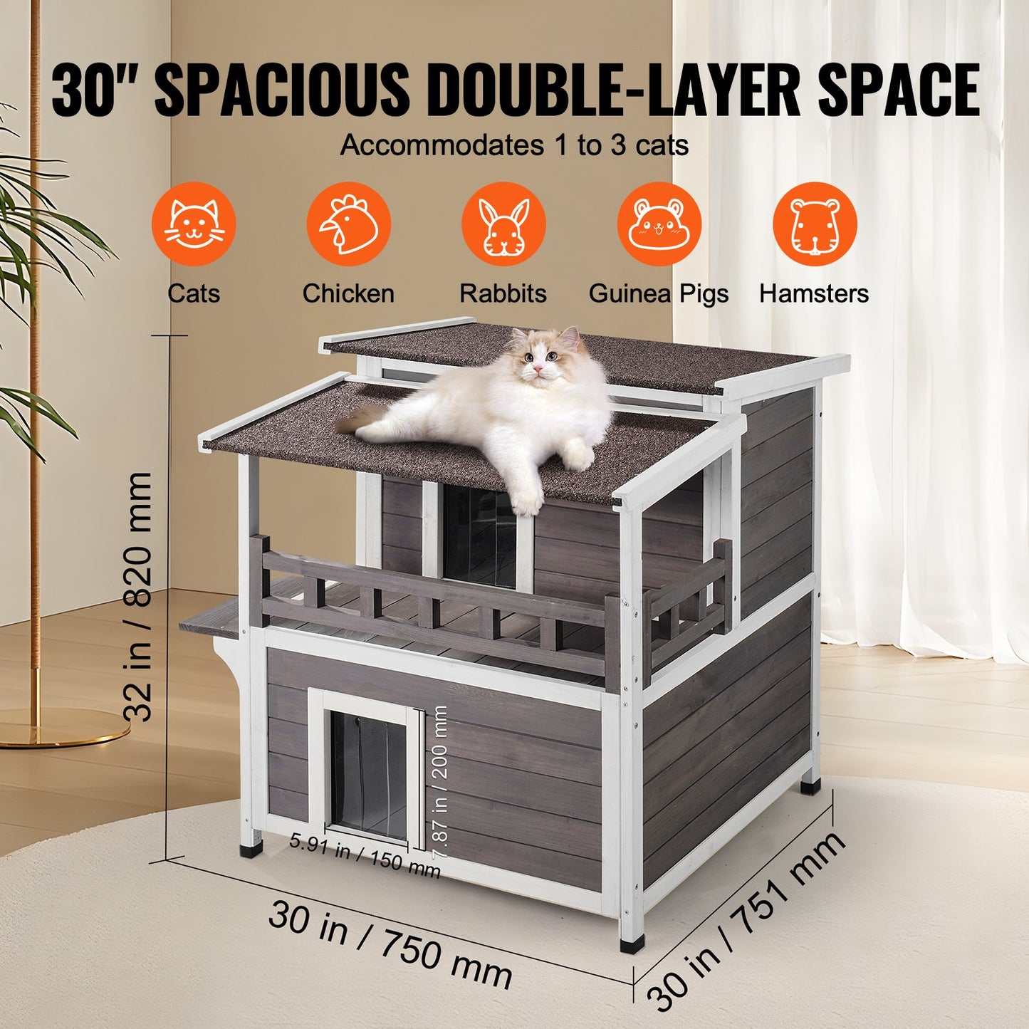 Outdoor Cat House Weatherproof, Feral Cat Shelter for Multiple Cats, 2-story Large Outdoor Wooden Cat House with Balcony, Doors, PVC Door Flaps and Open Roof, 30"L x 30"W x 32"H