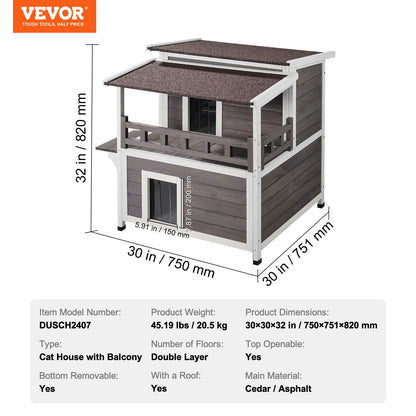 Outdoor Cat House Weatherproof, Feral Cat Shelter for Multiple Cats, 2-story Large Outdoor Wooden Cat House with Balcony, Doors, PVC Door Flaps and Open Roof, 30"L x 30"W x 32"H