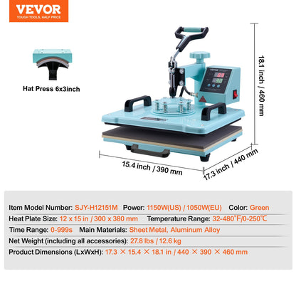 Heat Press Machine 30.5x38.1 cm 2 in 1 Heat Transfer Machine for T-Shirts Hats
