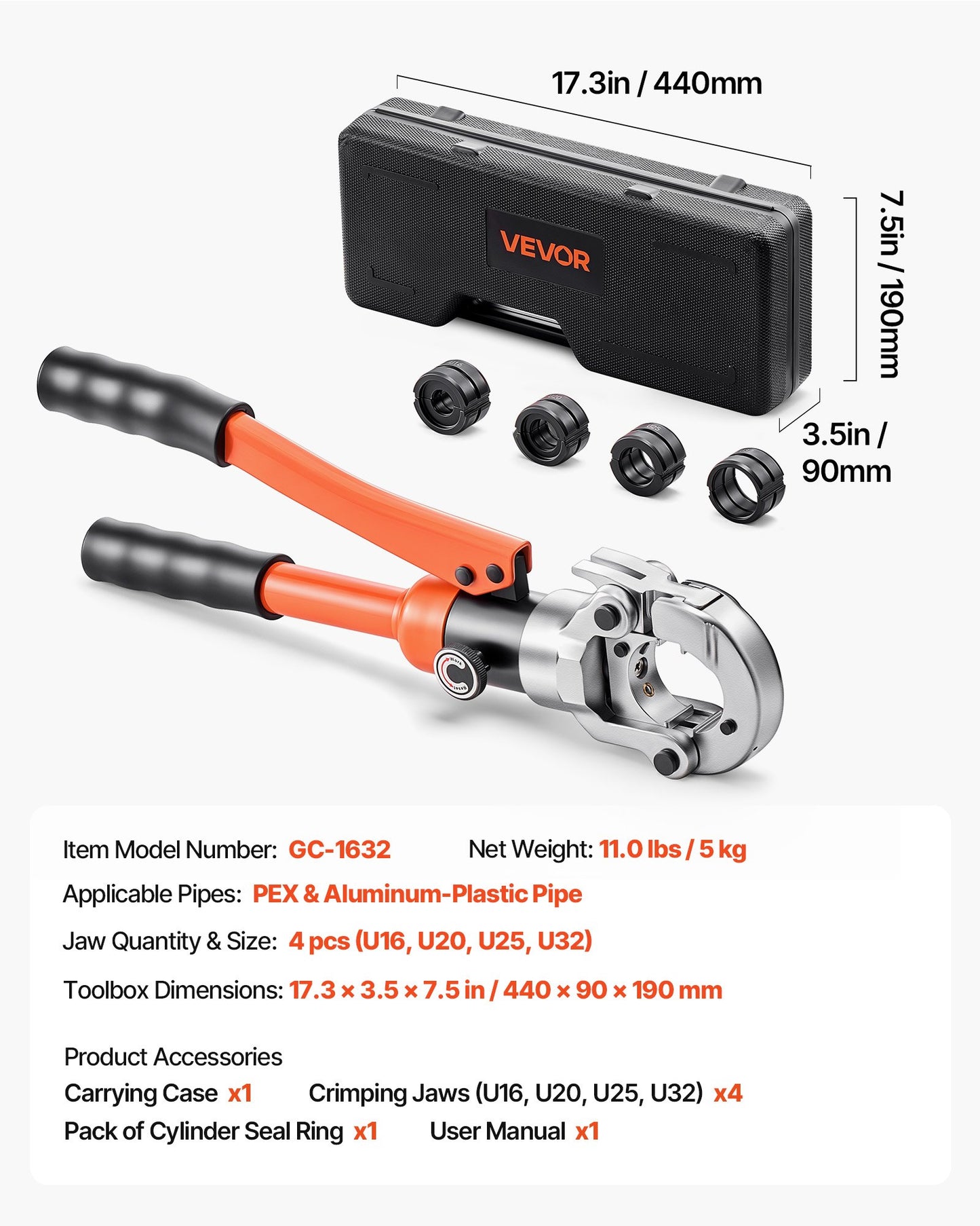 Hydraulic Pipe Crimping Tool, PEX & Aluminum-Plastic Tube Fittings Crimper with U16 U20 U25 U32 Jaws & Carrying Case, Press Crimper Tool Kit for Plumbing Repairs & Installations