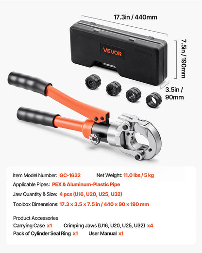 Hydraulic Pipe Crimping Tool, PEX & Aluminum-Plastic Tube Fittings Crimper with U16 U20 U25 U32 Jaws & Carrying Case, Press Crimper Tool Kit for Plumbing Repairs & Installations