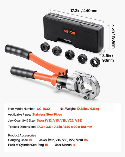 Hydraulic Pipe Crimping Tool, Stainless Steel Tube Fittings Crimper with V12, V15, V18, V22, V28 Jaws & Carrying Case, Press Crimper Tool Kit for Plumbing Repairs & Installations