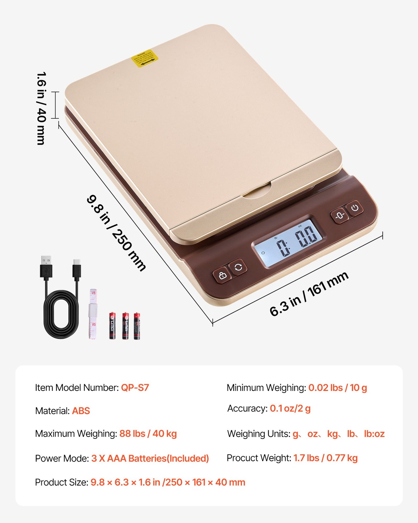 Digital Shipping Postal Scale, 2 g High Accuracy, 40 kg Postal Scale with Hold/Tare/Auto-off Function, Flip Holder Design & Easy Calibration, Fit for Home and Office Use, Battery Included