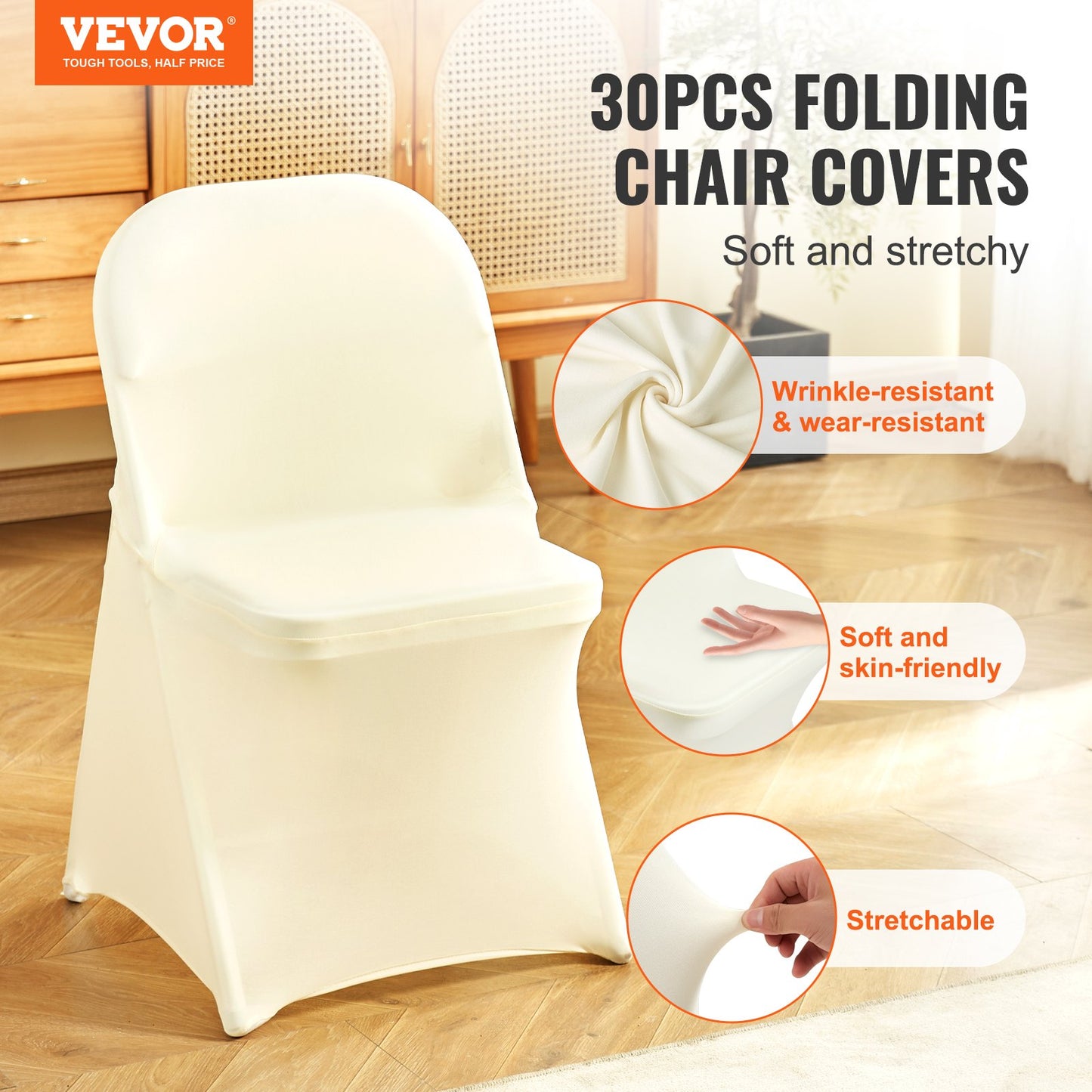 Stretch Spandex Folding Chair Covers, Universal Fitted Chair Cover, Removable Washable Protective Slipcovers, for Wedding, Holiday, Banquet, Party, Celebration, Dining (30PCS Ivory White)