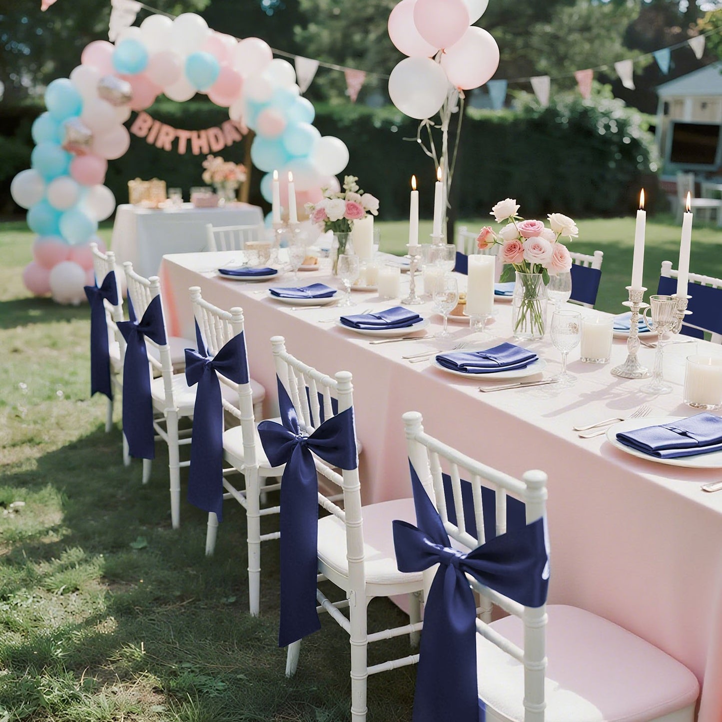 Satin Chair Sashes Bows, 50PCS Chair Ribbon Ties Back Sash, 7 x 108 inch, Navy Blue Wedding Reception Decoration, for Wedding Ceremony Baby Shower Party Events Banquet Chair Cover Decoration