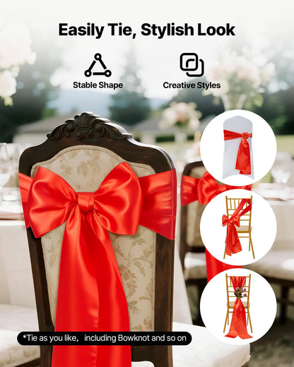 Satin Chair Sashes Bows, 50PCS Chair Ribbon Ties Back Sash, 7 x 108 inch, Red Wedding Reception Decoration, for Wedding Ceremony Baby Shower Party Events Banquet Chair Cover Decoration