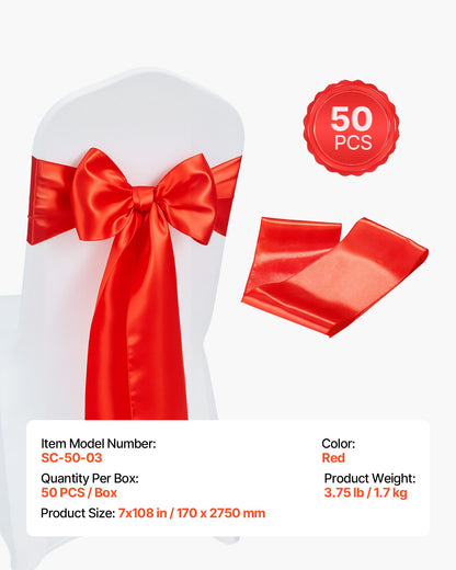 Satin Chair Sashes Bows, 50PCS Chair Ribbon Ties Back Sash, 7 x 108 inch, Red Wedding Reception Decoration, for Wedding Ceremony Baby Shower Party Events Banquet Chair Cover Decoration