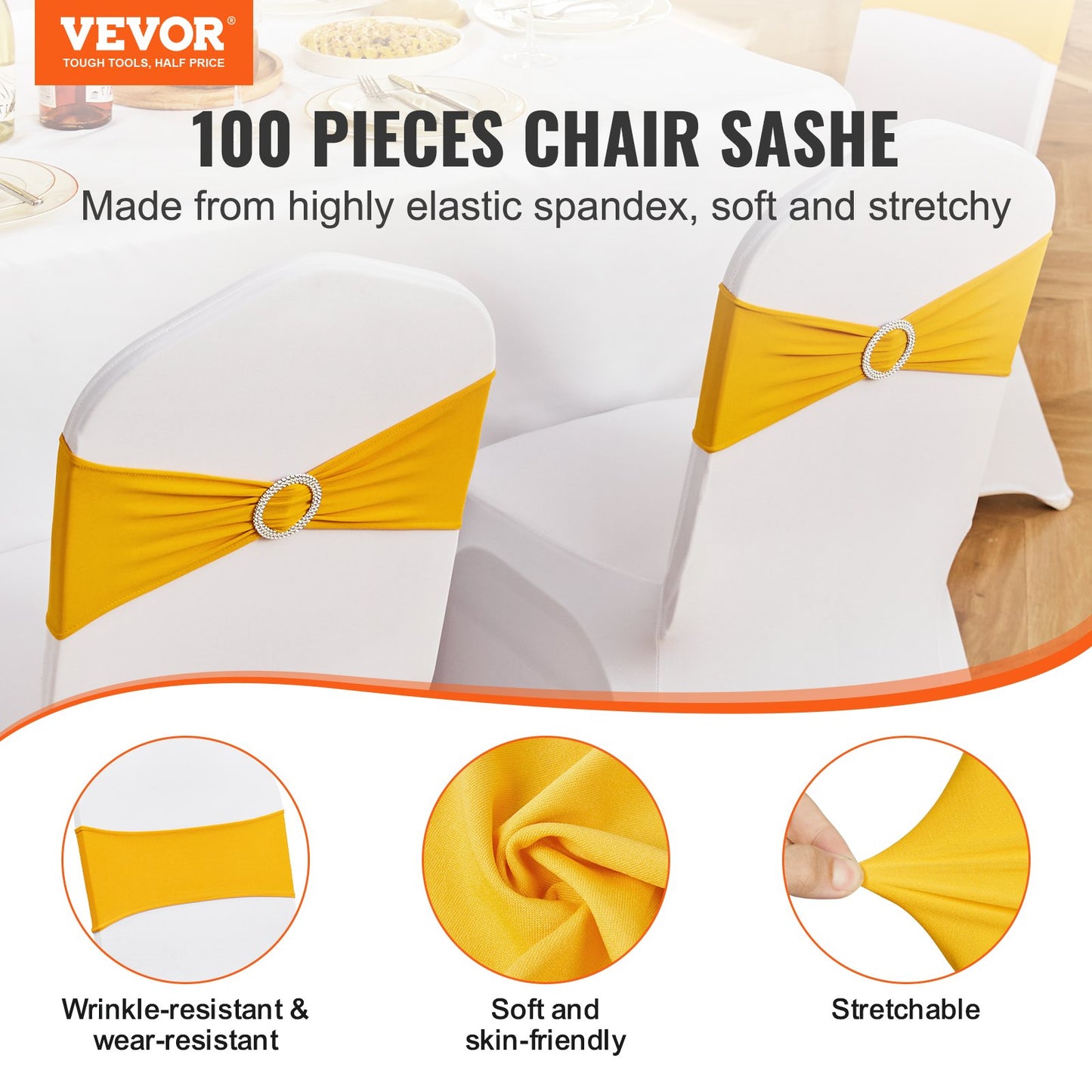 Stretch Spandex Chair Sashes, Chair Slipcover and Stretch Chair Sash with Round Buckle, Elastic Chair Bands, Fitting Wedding, Holiday, Banquet, Party Chair Decoration (100 PCS Golden Yellow)