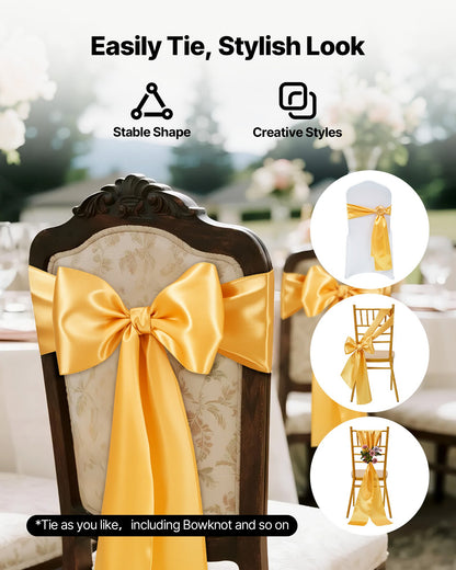 Satin Chair Sashes Bows, 100PCS Chair Ribbon Ties Back Sash, 7 x 108 inch, Gold Wedding Reception Decoration, for Wedding Ceremony Baby Shower Party Events Banquet Chair Cover Decoration
