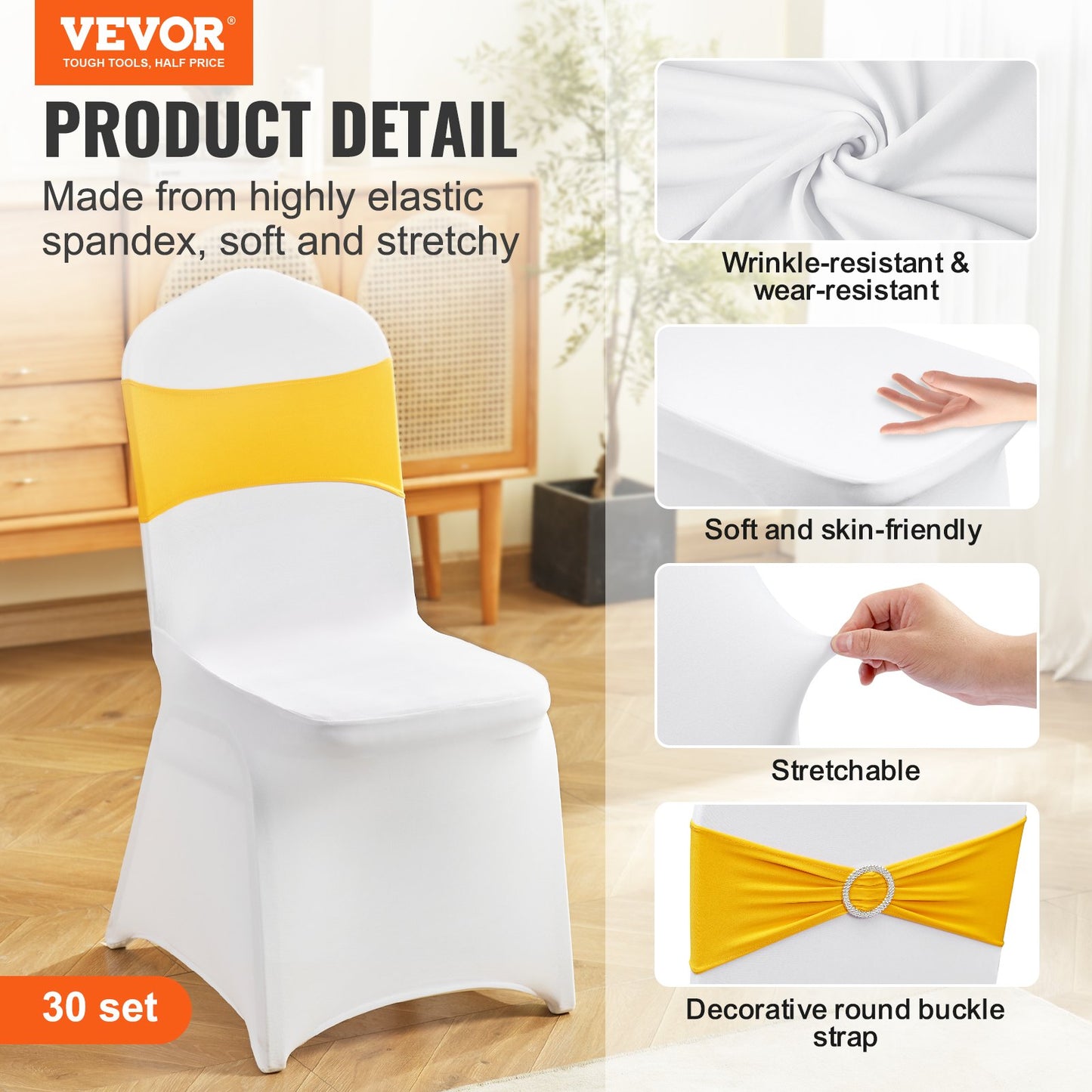 Stretch Spandex Folding Chair Covers, Universal Fitted Chair Cover with Chair Sashes, Removable Washable Protective Slipcovers, for Wedding, Holiday, Banquet, Party, Dining (30 Set Gold & White)