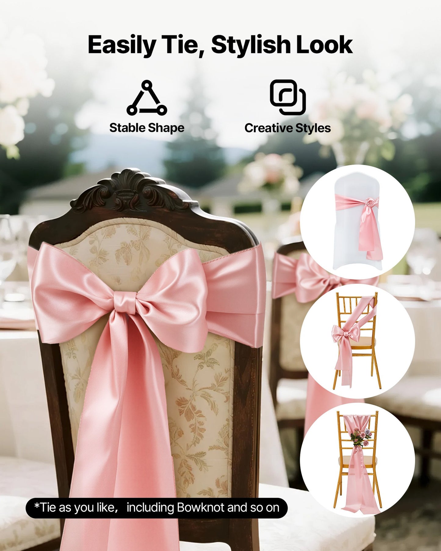 Satin Chair Sashes Bows, 100PCS Chair Ribbon Ties Back Sash, 7 x 108 inch, Rose Gold Wedding Reception Decoration, for Wedding Ceremony Baby Shower Party Events Banquet Chair Cover Decoration