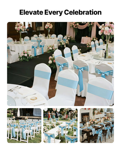 Satin Chair Sashes Bows, 100PCS Chair Ribbon Ties Back Sash, 7 x 108 inch, Light Blue Wedding Reception Decoration, for Wedding Ceremony Baby Shower Party Events Banquet Chair Cover Decoration