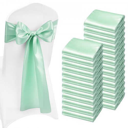 Satin Chair Sashes Bows, 100PCS Chair Ribbon Ties Back Sash, 7 x 108 inch, Light Green Wedding Reception Decoration, for Wedding Ceremony Baby Shower Party Events Banquet Chair Cover Decoration