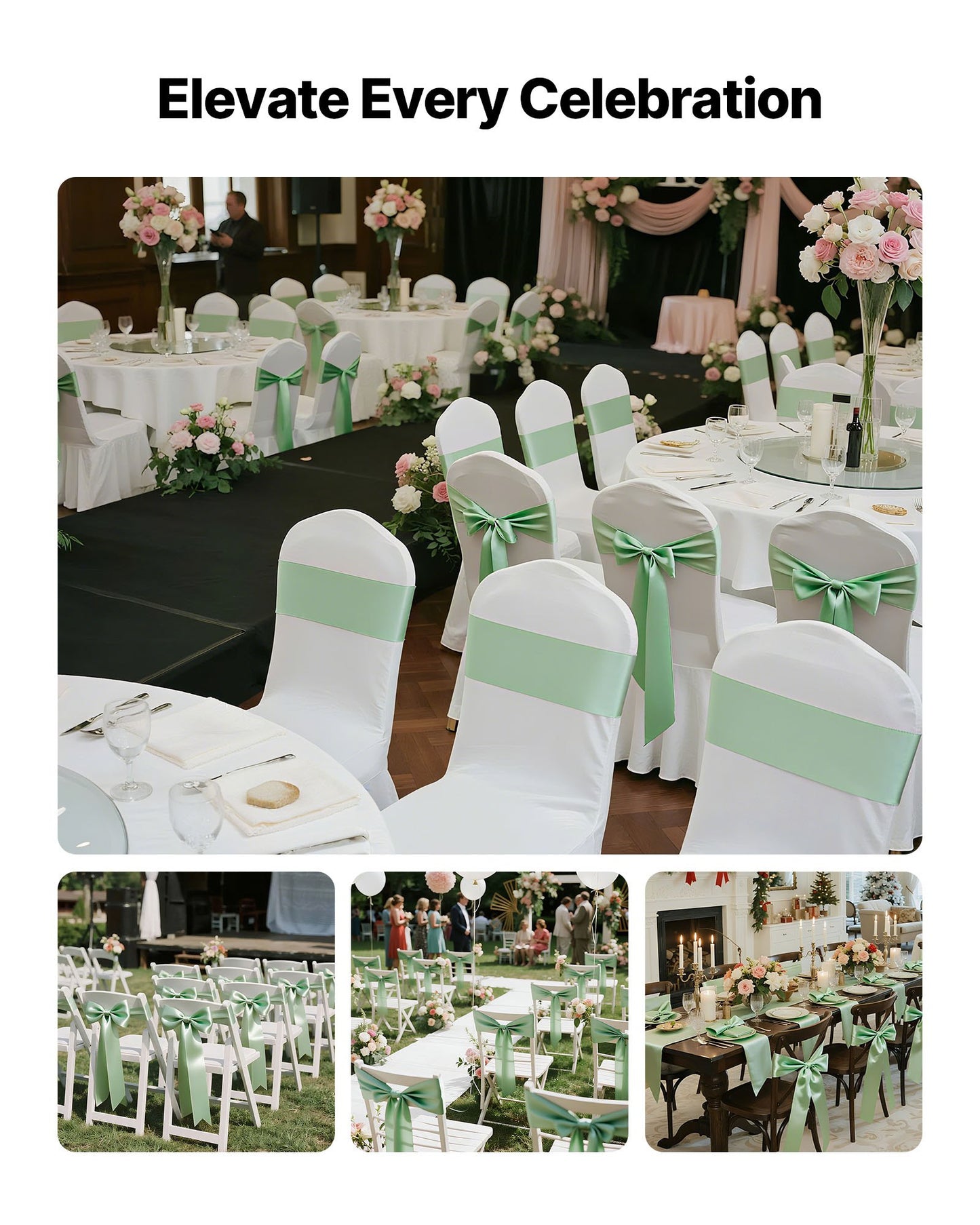 Satin Chair Sashes Bows, 100PCS Chair Ribbon Ties Back Sash, 7 x 108 inch, Light Green Wedding Reception Decoration, for Wedding Ceremony Baby Shower Party Events Banquet Chair Cover Decoration