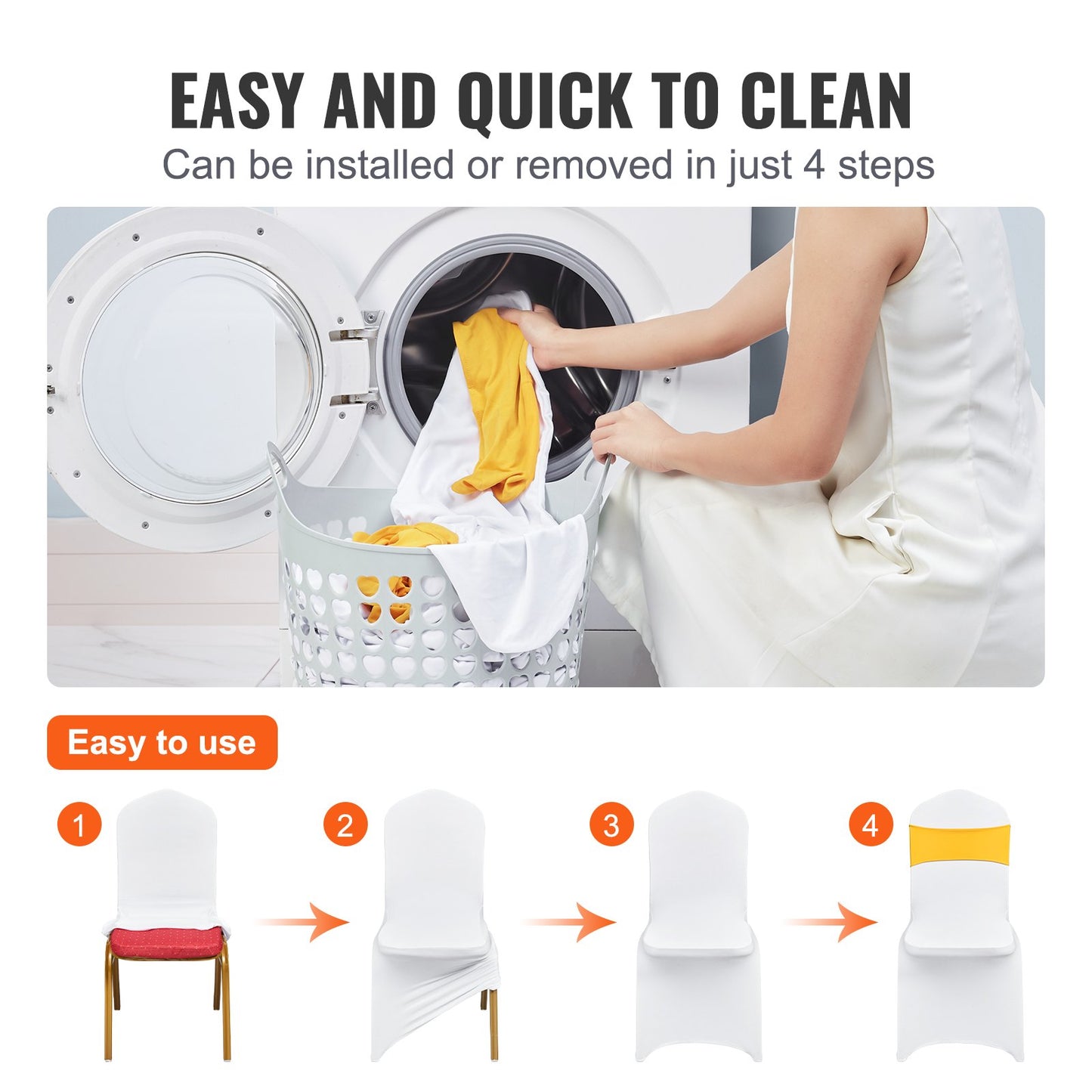 Hopfällbara stolsöverdrag i stretchig spandex, universellt monterat stolsöverdrag med stolsbågar, avtagbara tvättbara skyddande överdrag, för bröllop, högtid, bankett, fest, middag (50-set guld och vitt)