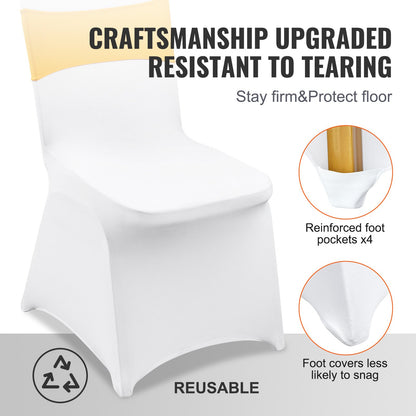 Hopfällbara stolsöverdrag i stretchig spandex, universellt monterat stolsöverdrag med stolsbågar, avtagbara tvättbara skyddande överdrag, för bröllop, högtid, bankett, fest, middag (50-set guld och vitt)