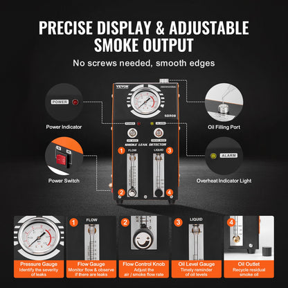 Automotive Smoke Machine Leak Detector, EVAP Smoke Machine Leak Tester with Built-in Air Pump, Pressure Gauge, Oil Level & Flow Meter, 2-Mode Vacuum Diagnostic Detector for EVAP Fuel Pipe System