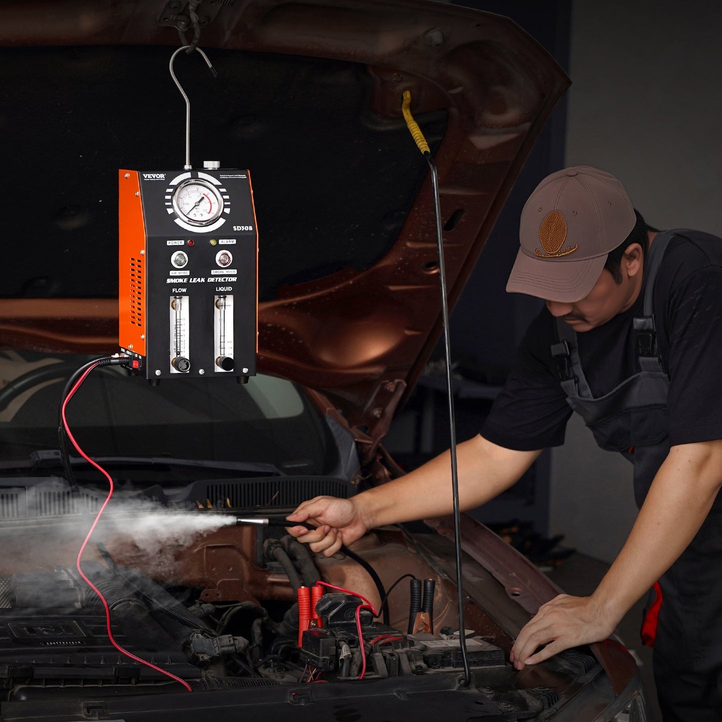 Automotive Smoke Machine Leak Detector, EVAP Smoke Machine Leak Tester with Built-in Air Pump, Pressure Gauge, Oil Level & Flow Meter, 2-Mode Vacuum Diagnostic Detector for EVAP Fuel Pipe System