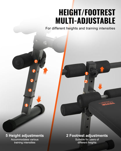 Sit Up-bänk, hopfällbar böjd, nedåtgående magbänk, med 5 justerbara höjdinställningar, kraftigt stål, halkfri design, 226 kg kapacitet för hemmagym, styrketräning, helkroppsmuskler