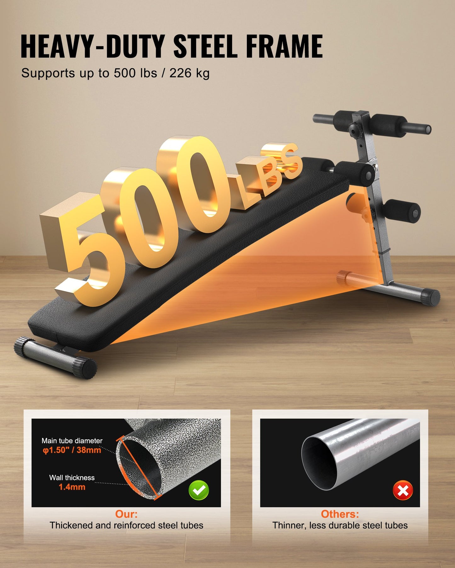 Sit Up-bänk, hopfällbar böjd, nedåtgående magbänk, med 5 justerbara höjdinställningar, kraftigt stål, halkfri design, 226 kg kapacitet för hemmagym, styrketräning, helkroppsmuskler