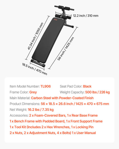 Sit Up-bänk, hopfällbar böjd, nedåtgående magbänk, med 5 justerbara höjdinställningar, kraftigt stål, halkfri design, 226 kg kapacitet för hemmagym, styrketräning, helkroppsmuskler