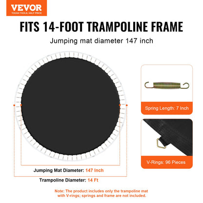 Replacement Trampoline Mat, Jumping Mat Fits 14ft Frame, Universal Jumping Mat for 14ft Round Trampoline, Reinforce UV-Resistant Mat with Spring Tool & Durable V-Rings, Fit 7" Spring Length