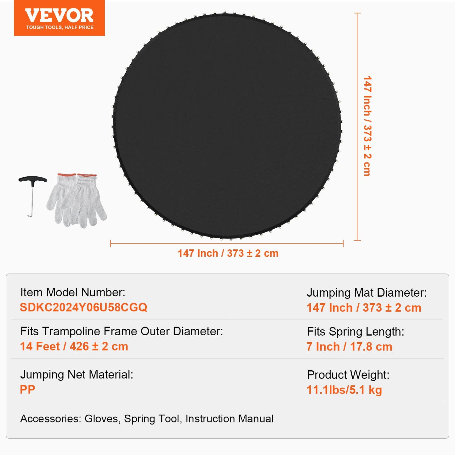 Replacement Trampoline Mat, Jumping Mat Fits 14ft Frame, Universal Jumping Mat for 14ft Round Trampoline, Reinforce UV-Resistant Mat with Spring Tool & Durable V-Rings, Fit 7" Spring Length